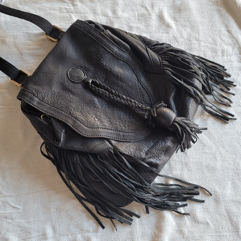 Anthropologie Black Fringe Backpack